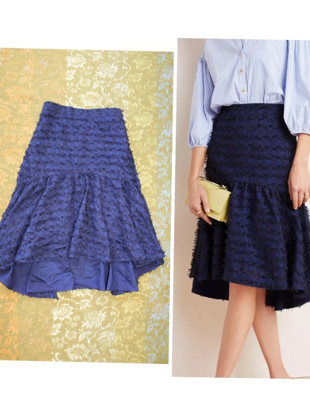 Maeve Miranda Textured Midi Skirt Size M High Low Navy Blue Casual Classic Chick